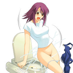 Rule 34 | 00s, 1girl, a1 (initial-g), bidet, bottomless, female pubic hair, kaleido star, motion lines, naegino sora, panties, panty pull, pubic hair, scared, shirt, simple background, solo, sweatdrop, t-shirt, toilet, toilet seat, uncensored, underwear, white background, white panties, white shirt