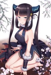 Rule 34 | 1girl, bare shoulders, black dress, blue eyes, blunt bangs, blush, breasts, china dress, chinese clothes, cleavage, detached sleeves, dress, fate/grand order, fate (series), flower, hair ornament, highres, large breasts, leaf hair ornament, long hair, looking at viewer, mku, parted lips, purple hair, seiza, sidelocks, sitting, smile, solo, thighs, twintails, very long hair, white background, yang guifei (fate), yang guifei (second ascension) (fate)