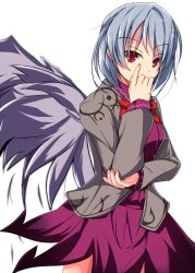 Rule 34 | 1girl, bad id, bad pixiv id, covering own mouth, dress, hand over own mouth, jacket, kishin sagume, red eyes, short hair, silver hair, single wing, solo, tendo, touhou, wings