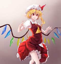 Rule 34 | 1girl, :d, ascot, blonde hair, cowboy shot, crystal, drooling, flandre scarlet, hat, hat ribbon, highres, looking away, lumo 1121, mob cap, open mouth, puffy short sleeves, puffy sleeves, red eyes, red ribbon, red shirt, red skirt, ribbon, shirt, short sleeves, side ponytail, skirt, skirt set, smile, solo, touhou, untucked shirt, wings