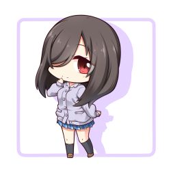 Rule 34 | 10s, 1girl, black socks, blue skirt, blush, breasts, brown footwear, brown hair, cardigan, chibi, closed mouth, full body, hair over one eye, hand up, head tilt, kneehighs, loafers, long hair, long sleeves, looking at viewer, medium breasts, plaid, plaid skirt, pleated skirt, purple background, purple cardigan, red eyes, shachoo., shadow, shoes, skirt, sleeves past wrists, smile, socks, solo, standing, sunoharasou no kanrinin-san, two-tone background, uchifuji mea, white background