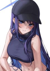 Rule 34 | 1girl, 1yu x, bare arms, bare shoulders, baseball cap, black hat, blue archive, blue eyes, blue hair, breasts, halo, hat, highres, large breasts, long hair, looking at viewer, navel, saori (blue archive), simple background, solo, thighs, unfinished, white background