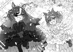 Rule 34 | 2girls, ahoge, alternate costume, animal ears, braid, commentary, dress, ear ornament, earrings, eyepatch, eyes visible through hair, floral background, flower, frilled dress, frilled sleeves, frills, greyscale, hair ornament, hair over one eye, hairclip, highres, horse ears, horse girl, jewelry, jungle pocket (umamusume), lace trim, long sleeves, medium hair, monochrome, multicolored hair, multiple girls, nayuta ggg, necklace, notched ear, off-shoulder dress, off shoulder, open mouth, rose, shoes, short hair, sleeves past fingers, sleeves past wrists, sparkle, streaked hair, tanino gimlet (umamusume), umamusume, wavy hair, wedding dress