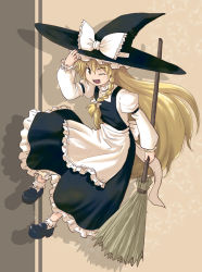 Rule 34 | 1girl, apron, black footwear, black hat, black skirt, blonde hair, bow, braid, broom, eyebrows, female focus, frilled apron, frilled bow, frilled hat, frilled skirt, frilled socks, frills, hair bow, haniwa, haniwa (leaf garden), hat, hat bow, kirisame marisa, long hair, long sleeves, one eye closed, open mouth, shadow, shoes, single braid, skirt, socks, solo, star (symbol), touhou, very long hair, white bow, white socks, witch, witch hat, yellow eyes