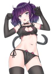 Rule 34 | 1girl, :o, bare shoulders, black choker, black gloves, black thighhighs, breasts, cat cutout, cat lingerie, cat tail, choker, cleavage, cleavage cutout, clothing cutout, collarbone, cowboy shot, diagonal bangs, elbow gloves, fang, frills, gloves, gluteal fold, hands up, head tilt, highres, idolmaster, idolmaster shiny colors, kanikou, long hair, looking at viewer, meme attire, navel, open mouth, panties, purple eyes, purple hair, side-tie panties, sidelocks, simple background, small breasts, solo, standing, stomach, tail, tanaka mamimi, thighhighs, twintails, underwear, underwear only, white background