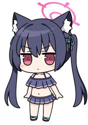 Rule 34 | 1girl, animal ear fluff, animal ears, bare shoulders, bell (oppore coppore), bikini, black footwear, black hair, blue archive, blue bikini, blue ribbon, blush, cat ears, chibi, closed mouth, collarbone, commentary request, full body, hair between eyes, hair ribbon, halo, long hair, looking at viewer, navel, off-shoulder bikini, off shoulder, red eyes, ribbon, sandals, serika (blue archive), serika (swimsuit) (blue archive), simple background, solo, standing, swimsuit, twintails, v-shaped eyebrows, very long hair, white background