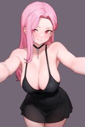 Rule 34 | 1girl, absurdres, black dress, bluefield, breasts, cleavage, closed mouth, collarbone, commentary, curvy, dot nose, dress, english commentary, grey background, highres, hololive, hololive english, large breasts, long hair, looking at viewer, mori calliope, pink eyes, pink hair, pov, simple background, skull choker, sleeveless, sleeveless dress, smile, solo, swept bangs, tagme, virtual youtuber