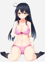 Rule 34 | 10s, 1girl, absurdres, ahoge, artist name, bad id, bad pixiv id, bare arms, bare shoulders, black hair, black socks, blush, bra, breasts, brown eyes, cleavage, collarbone, full body, grey background, hand on own chest, highres, hot, kantai collection, kneehighs, large breasts, long sleeves, looking at viewer, midriff, navel, no shoes, off shoulder, open clothes, open shirt, panties, pink bra, pink panties, shirt, signature, simple background, sitting, socks, solo, stomach, takehana note, text focus, translation request, underwear, ushio (kancolle), wariza, white shirt