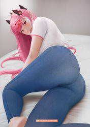 Rule 34 | 1girl, absurdres, arm support, ass, barefoot, denim, highres, jeans, long hair, looking at viewer, looking back, lying, on side, original, pants, pink eyes, pink hair, pointy ears, regiana (jubi), shirt, solo, t-shirt, thighs, white shirt
