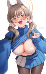 Rule 34 | 1girl, :d, absurdres, animal ears, blue archive, blue skirt, blue sweater, blush, bra, breasts, brown eyes, brown hair, cleavage, clothes lift, fake animal ears, glasses, gudanco (nyanmeowzer), hair ornament, halo, highres, large breasts, lifting own clothes, long hair, long sleeves, looking at viewer, miniskirt, moe (blue archive), open mouth, pantyhose, pleated skirt, pom pom (clothes), pom pom hair ornament, round eyewear, selfie, simple background, skirt, smile, solo, sweater, sweater lift, turtleneck, turtleneck sweater, twintails, underwear, white background, white bra
