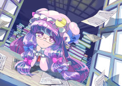 Rule 34 | 1girl, :|, arm support, blue bow, book, book stack, bow, bright pupils, closed mouth, commentary, crescent, crescent hat ornament, expressionless, frilled sleeves, frills, glasses, hair bow, hat, hat bow, hat ornament, head rest, leaning forward, long hair, long sleeves, looking at viewer, mob cap, noyama hikari, paper, patchouli knowledge, purple eyes, purple hair, purple hat, red bow, solo, touhou, upper body, very long hair, white pupils, window