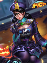 Rule 34 | 1girl, black hair, blood, blush stickers, chinese clothes, fangs, finger to mouth, glasses, jack-o&#039;-lantern, jiangshi, jiangshi mei, liang xing, looking at viewer, low twintails, mei (overwatch), official alternate costume, ofuda, overwatch, overwatch 1, pantyhose, parted lips, pumpkin, sitting, solo, twintails