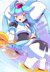 Rule 34 | 1girl, 2017, absurdres, arm support, armor, blush, bracelet, flying, helmet, highres, holding, holding sack, jewelry, knees together feet apart, looking to the side, mega man (series), mega man zx, merry christmas, open mouth, pandora (mega man), pink eyes, sack, shoutaro saito, sitting, smile, snowflakes, solo, staff, tagme, text focus