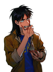 Rule 34 | 1boy, blonde hair, blood, blood on face, blood on hands, blue shirt, brown eyes, brown jacket, chinese commentary, commentary request, fingernails, glass shards, hand on own chin, highres, holding, itou kaiji, jacket, kaiji, long hair, looking afar, male focus, medium bangs, open clothes, open jacket, open mouth, shirt, simple background, siralkali, sleeves rolled up, solo, teeth, upper body, white background