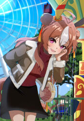Rule 34 | 1girl, ahoge, alternate costume, amusement park, bag, black skirt, blue sky, blush, breasts, brown bag, brown hair, brown jacket, commentary request, copano rickey (umamusume), double bun, ear covers, fang, ferris wheel, fur-trimmed jacket, fur trim, hair between eyes, hair bun, hair ornament, handbag, highres, jacket, leaning forward, looking at viewer, medium breasts, multicolored hair, open clothes, open jacket, open mouth, outdoors, pink eyes, red sweater, skin fang, skirt, sky, small-wso6-bell, smile, solo, streaked hair, sweater, tassel, tassel hair ornament, umamusume, white hair