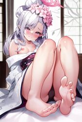 Rule 34 | 1girl, bare legs, barefoot, black panties, blue archive, blush, breasts, cameltoe, closed mouth, feet, floral print, flower, foot focus, foreshortening, hair bun, hair flower, hair ornament, halo, highres, indoors, japanese clothes, kimono, knees up, legs, long hair, looking at viewer, mutsuki (blue archive), mutsuki (new year) (blue archive), nipples, obi, off shoulder, official alternate costume, one breast out, panties, pink eyes, pinki o64, pointy ears, print kimono, raised eyebrows, red sash, sash, single bare shoulder, sitting, small breasts, smile, soles, solo, swept bangs, toes, underwear, white hair, white kimono