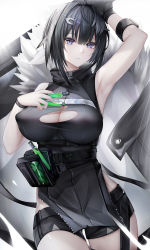 Rule 34 | 1girl, arknights, arm up, armpits, bad id, bad pixiv id, bare arms, bare shoulders, binggong asylum, black hair, black shirt, black shorts, blue eyes, breasts, cleavage, cleavage cutout, clothing cutout, commentary request, covered erect nipples, cowboy shot, hair between eyes, hair intakes, hair ornament, hand up, high collar, highres, holding, la pluma (arknights), large breasts, parted lips, pouch, shirt, short hair, short shorts, shorts, simple background, sleeveless, sleeveless shirt, solo, standing, vial, white background