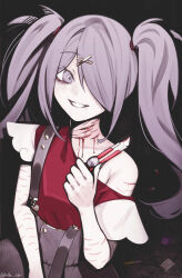 Rule 34 | 1girl, @ @, ame-chan (needy girl overdose), black background, bleeding, blood, boxcutter, commentary, crazy smile, cuts, grey eyes, grey hair, hair ornament, hair over one eye, highres, holding boxcutter, injury, jirai kei, long hair, looking at viewer, needy girl overdose, pale skin, pill, red shirt, saliva, scar, scar on arm, scar on neck, self-harm, shirt, single bare shoulder, skirt, smile, solo, suspender skirt, suspenders, twintails, upper body, vialle, x hair ornament