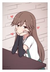 Rule 34 | 1girl, arashio (kancolle), arm support, arm warmers, black arm warmers, blush, border, brick wall, brown eyes, brown hair, closed mouth, collared shirt, commentary request, dated, dot nose, dress shirt, green skirt, green suspenders, hair between eyes, hands on own cheeks, hands on own face, heart, highres, indoors, kantai collection, konato k, long hair, looking at viewer, shirt, sitting, skirt, solo, table, twitter username, very long hair, white border, white shirt