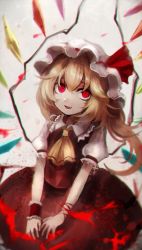 Rule 34 | 1girl, arm ribbon, ascot, asymmetrical hair, blonde hair, blood, blurry, crystal, fang, flandre scarlet, gradient background, hat, hat ribbon, highres, looking at viewer, looking up, maho moco, mob cap, open mouth, puffy sleeves, red eyes, ribbon, shirt, short sleeves, side ponytail, skirt, skirt set, smile, solo, touhou, vest, wings, wrist cuffs