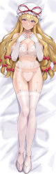 Rule 34 | 1girl, absurdres, bare shoulders, bed sheet, blonde hair, blush, bow, bra, breasts, choker, cleavage, closed mouth, collarbone, commentary request, commission, dakimakura (medium), elbow gloves, garter belt, gloves, grey footwear, hair bow, hat, hat ornament, hat ribbon, highres, huge filesize, incredibly absurdres, large breasts, long hair, looking at viewer, low-tied long hair, lying, mob cap, on back, panties, pixiv commission, purple eyes, red bow, red ribbon, ribbon, sakamuke, smile, solo, thighhighs, touhou, underwear, underwear only, very long hair, white bra, white choker, white gloves, white hat, white panties, yakumo yukari
