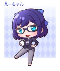 1girl :d a-chan_(2nd_costume)_(hololive) a-chan_(hololive) absurdres argyle_background black-framed_eyewear black_footwear black_jacket blue_bow blue_eyes bow commentary_request full_body glasses grey_pants grey_shirt hair_bow hand_on_own_hip highres holding hololive jacket long_sleeves looking_at_viewer official_alternate_costume open_clothes open_jacket open_mouth pants purple_hair saishosaisekojo semi-rimless_eyewear shirt shoes smile solo standing standing_on_one_leg tablet_pc under-rim_eyewear virtual_youtuber