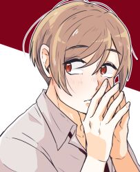 Rule 34 | 1boy, blush, brown hair, fu 02leo, grey shirt, hands up, harunaga satsuki, highres, looking to the side, male focus, medium hair, overtake!, own hands together, red background, red eyes, shirt, simple background, solo, two-tone background, upper body
