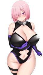Rule 34 | 1girl, absurdres, arind yudha, black leotard, blush, breasts, cleavage, fate/grand order, fate (series), groin, highres, huge breasts, leotard, looking at viewer, mash kyrielight, medium hair, navel, pink hair, purple eyes, simple background, solo, stomach, thighs, white background