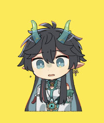 Rule 34 | 1boy, antenna hair, aqua eyes, aqua hair, aqua horns, black hair, brooch, cleavage cutout, clothing cutout, collared shirt, colored inner hair, cropped arms, cropped torso, dan heng (honkai: star rail), dan heng (imbibitor lunae) (honkai: star rail), detached sleeves, dot nose, earrings, eyeliner, flower earrings, gloom (expression), hara (nanohara), honkai: star rail, honkai (series), horns, jewelry, looking at viewer, makeup, male focus, multicolored hair, parted lips, pointy ears, red eyeliner, shirt, single bare shoulder, single detached sleeve, single earring, solo, tassel, translucent horns, upper body, wavy mouth, white shirt, worried, yellow background