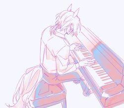 Rule 34 | 1boy, animal ears, arknights, collared shirt, commentary request, full body, hands up, highres, horse boy, horse ears, horse tail, instrument, korean commentary, limited palette, long sleeves, low ponytail, male focus, medium hair, mlynar (arknights), music, nills, pants, piano, playing instrument, playing piano, purple background, shirt, simple background, sitting, solo, tail