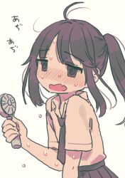 Rule 34 | 1girl, @ @, absurdres, ahoge, black necktie, blush, brown eyes, brown hair, collared shirt, fangs, hand fan, hand up, highres, holding, holding fan, hot, jitome, long hair, necktie, nose blush, open mouth, original, ponytail, shirt, short sleeves, sidelocks, simple background, skin fangs, solo, sweat, upper body, very sweaty, white background, white shirt, zinbei