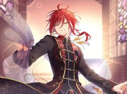 Rule 34 | 1boy, black jacket, ensemble stars!, feathers, highres, jacket, long sleeves, male focus, multicolored hair, orange eyes, red hair, red vest, sakasaki natsume, short hair with long locks, smile, solo, stained glass, sunlight, take no ko, teeth, vest, white hair, yellow feathers