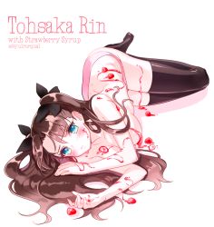Rule 34 | 1girl, blue eyes, brown hair, byulrorqual, fate/stay night, fate (series), food, fruit, hair ribbon, long hair, nude, ribbon, strawberry, syrup, thighhighs, tohsaka rin, two side up