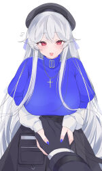 Rule 34 | 1girl, alternate costume, arknights, beret, black gloves, black hat, black skirt, blue nails, blue shirt, blush, breasts, chunta, commentary, cowboy shot, cross, cross necklace, double-parted bangs, gloves, grey hair, hat, heart, highres, holding hands, jewelry, large breasts, long hair, looking at viewer, nail polish, necklace, open mouth, pov, pov hands, puffy short sleeves, puffy sleeves, red eyes, shirt, shirt tucked in, short sleeves, sidelocks, simple background, skirt, smile, solo focus, specter (arknights), standing, turtleneck, undershirt, very long hair, white background, white shirt