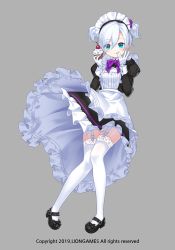 Rule 34 | 1girl, apron, black bow, black dress, black footwear, bow, cupcake, dress, food, frilled apron, frilled dress, frills, full body, garter straps, gloves, grey background, hair bow, highres, holding, holding food, juliet sleeves, lace, lace-trimmed legwear, lace trim, lim jaejin, long sleeves, maid, maid apron, maid headdress, mary janes, puffy sleeves, purple bow, shoes, short twintails, silver hair, simple background, sleeves past wrists, solo, soulworker, standing, standing on one leg, stella unibell, thighhighs, twintails, watermark, white apron, white gloves, white thighhighs