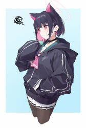 Rule 34 | 1girl, absurdres, animal ears, black choker, black hair, black hoodie, blue archive, choker, cropped legs, eating, extra ears, food, food on face, hand in pocket, highres, holding, holding food, hood, hoodie, kazusa (blue archive), lihua zouxian zhiyin, macaron, miniskirt, pantyhose, pleated skirt, red eyes, simple background, skirt, solo, squiggle