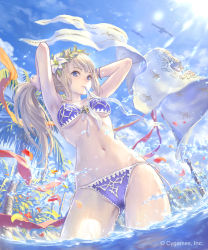 Rule 34 | 1girl, armpits, arms up, banner, bikini, bird, blonde hair, blue eyes, blush, bracelet, breasts, cloud, contrapposto, cowboy shot, cygames, day, flower, front-tie bikini top, front-tie top, gluteal fold, granblue fantasy, hair flower, hair ornament, hairband, hairdressing, hibiscus, highres, hisakata souji, jeanne d&#039;arc (granblue fantasy), jewelry, lens flare, light rays, long hair, looking at viewer, medium breasts, mouth hold, navel, outdoors, palm tree, petals, purple bikini, purple ribbon, ribbon, sheath, sheathed, shingeki no bahamut, solo, standing, stomach, sunbeam, sunlight, swimsuit, sword, thighs, tree, tying hair, underboob, very long hair, wading, water, water surface, weapon