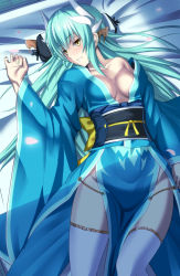 Rule 34 | 1girl, aqua hair, bare shoulders, bed, blush, breasts, fate/grand order, fate (series), grin, horns, japanese clothes, kimono, kiyohime (fate), long hair, looking at viewer, lying, no bra, obi, off shoulder, on back, parted lips, petals, sash, shiseki hirame, smile, solo, thighhighs, yellow eyes, zettai ryouiki