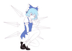 Rule 34 | 1girl, absurdres, black footwear, blue hair, blush, bow, bowtie, breasts, cirno, collared shirt, dress, dress shoes, frilled sleeves, frilled socks, frills, hair between eyes, hair bow, hand up, highres, ice, ice wings, knee up, kneeling, kurokuma shachou, lineart, looking at viewer, medium hair, pinafore dress, puffy short sleeves, puffy sleeves, shirt, short sleeves, sleeveless dress, small breasts, smile, socks, solo, thighs, touhou, waving, wing collar, wings
