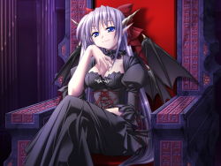 Rule 34 | 1girl, artist request, black dress, blue eyes, blush, bow, breasts, cleavage, closed mouth, collarbone, corset, crossed legs, demon girl, demon wings, dress, female focus, game cg, hair bow, half-closed eyes, hand up, horns, juliet sleeves, long hair, long sleeves, looking at viewer, ma ga ochiru yoru, medium breasts, pointy ears, puffy sleeves, purple hair, red bow, red ribbon, ribbon, sheliss elleness zurbach, sitting, smile, smug, solo, throne, wings