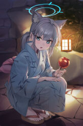 Rule 34 | 1girl, absurdres, animal ear fluff, animal ears, blue archive, blue eyes, blue halo, blue kimono, blush, candy apple, food, grey hair, halo, highres, holding, holding food, japanese clothes, kimono, laza (0ldsong), long sleeves, looking at viewer, medium hair, mismatched pupils, open mouth, ponytail, sandals, shiroko (blue archive), solo, squatting, toes, wide sleeves, wolf ears, zouri