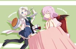 Rule 34 | 2girls, bad id, bad pixiv id, bat wings, black thighhighs, blue eyes, braid, capelet, closed eyes, cup, drinking glass, fang, female focus, food, high heels, izayoi sakuya, maid, maid headdress, multiple girls, no headwear, open mouth, oyaji-sou, purple hair, remilia scarlet, shoes, short hair, silver hair, smile, thighhighs, touhou, tripping, twin braids, wine glass, wings