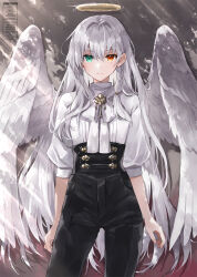 Rule 34 | 1girl, angel, angel wings, aqua eyes, artist name, black pants, bow, braid, brown eyes, closed mouth, expressionless, fashion, grey background, hair intakes, halo, heterochromia, long hair, looking at viewer, original, pants, puffy sleeves, shiromine kana, shirt, sidelocks, single braid, solo, standing, straight-on, watermark, white bow, white hair, white shirt, white wings, wings