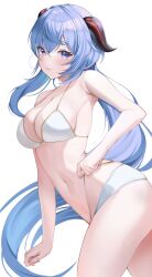 Rule 34 | 1girl, absurdres, alternate costume, armpits, bare arms, bare shoulders, bikini, blue eyes, blue hair, blush, breasts, cleavage, cowboy shot, ganyu (genshin impact), genshin impact, goat horns, gold trim, halterneck, highleg, highleg bikini, highres, horns, large breasts, long hair, looking at viewer, low ponytail, medium breasts, mole, mole on breast, navel, parted lips, purple eyes, rapi (zx4748), sidelocks, simple background, skindentation, smile, solo, stomach, string bikini, swimsuit, thighs, very long hair, white background, white bikini