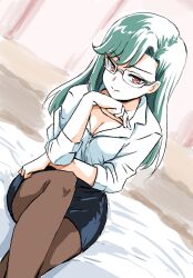 Rule 34 | 1girl, breasts, cleavage, collarbone, delicious party precure, dutch angle, green hair, highres, indoors, long hair, looking at viewer, medium breasts, on bed, pantyhose, precure, secretoru (precure), shirt, sitting, smile, solo, swept bangs, uraki, white shirt