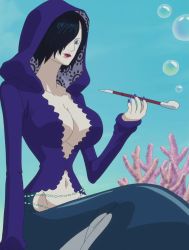 Rule 34 | 1girl, breasts, bubble, fishman island, hair over one eye, highres, lipstick, madame shirley, makeup, mermaid, monster girl, navel, one piece, screencap, short hair, solo, stitched, third-party edit, underwater