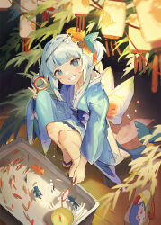 Rule 34 | 1girl, blue eyes, blue hair, blue kimono, blunt bangs, chinese commentary, commentary request, denpa noise, fins, fish, fish tail, gawr gura, goldfish scooping, grin, hololive, hololive english, japanese clothes, kimono, lantern, light blush, long sleeves, looking at viewer, mixed-language commentary, multicolored hair, paper lantern, shark girl, shark tail, short hair, sitting, smile, solo, streaked hair, tail, two side up, v, virtual youtuber, water, white hair