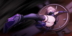 Rule 34 | 1girl, armor, armored boots, armored dress, armpits, ass, boots, breasts, commentary request, elbow gloves, fate/grand order, fate (series), from below, full body, gloves, hair over one eye, high heel boots, high heels, highres, holding, holding shield, kicking, knee boots, large breasts, mash kyrielight, medium hair, open mouth, pink hair, purple eyes, shield, solo, teeth, thighhighs, thighs, upper teeth only, zaregoto tsukai no deshi