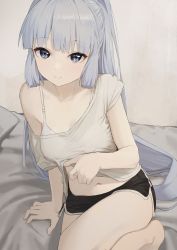 Rule 34 | 1girl, absurdres, alternate costume, ayaka (genshin impact), black shorts, blunt bangs, bra, breasts, cleavage, clothes lift, commentary, genshin impact, grey eyes, grey hair, highres, lifted by self, long hair, looking at viewer, medium breasts, mole, mole under eye, navel, off shoulder, pale skin, ponytail, shirt, shirt lift, shorts, sidelocks, sitting, solo, stomach, syhan, underwear, very long hair, white bra, white shirt