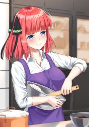 Rule 34 | 1girl, apron, baking, blue eyes, blunt bangs, blush, bowl, breasts, butterfly hair ornament, closed mouth, collared shirt, commentary request, go-toubun no hanayome, hair ornament, highres, holding, holding bowl, indoors, kitchen, medium breasts, medium hair, nail polish, nakano nino, one side up, pot, primamiya, purple apron, red hair, shelf, shirt, sleeves pushed up, smile, solo, stirring, upper body, white shirt, wing collar